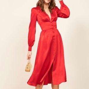 Reformation Nicola Red Satin Midi Dress